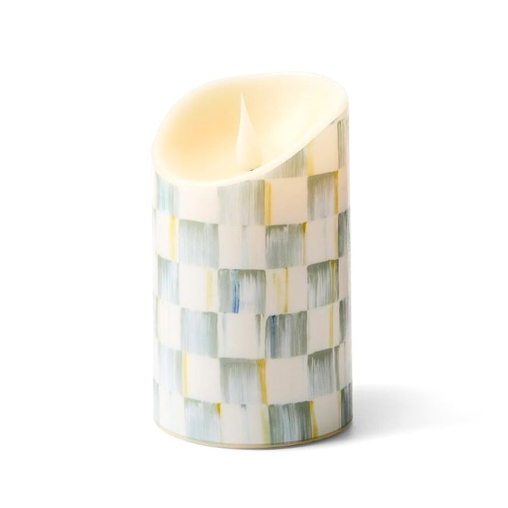 Brand New Mackenzie-Childs Sterling Check Flickering Pillar Candle, 5"